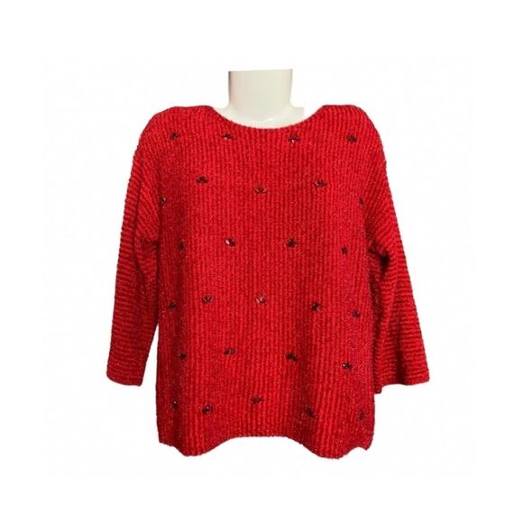 Ruby Rd. Women's Red Rhinestone Metallic 3/4 Sleeves Pullover Sweater | Size L - Picture 1 of 8